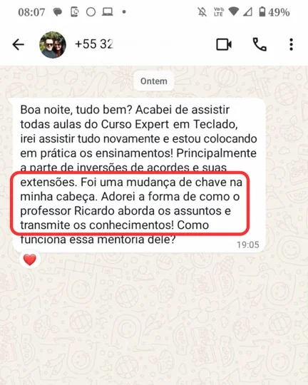 Print de WhatsApp de aluna contando que as inversões de acordes foram uma mudança de chave