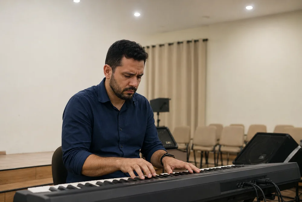 Tecladista no teclado da igreja vazia, com o olhar preocupado preso nas teclas