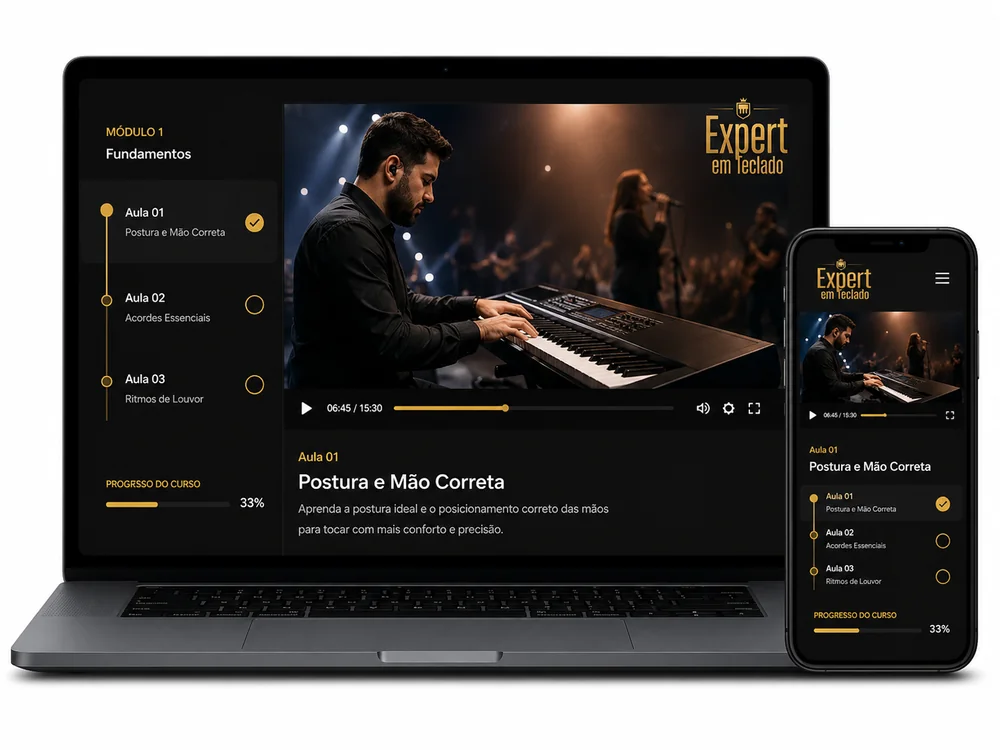 Notebook e celular com uma videoaula de teclado aberta