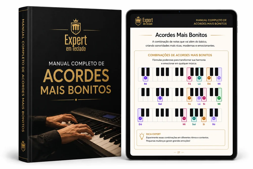 Capa do manual de acordes bonitos ao lado de um tablet com os teclados desenhados
