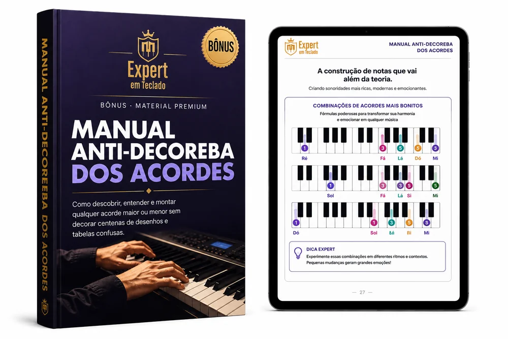 Capa do Manual Anti-Decoreba dos Acordes ao lado de um tablet